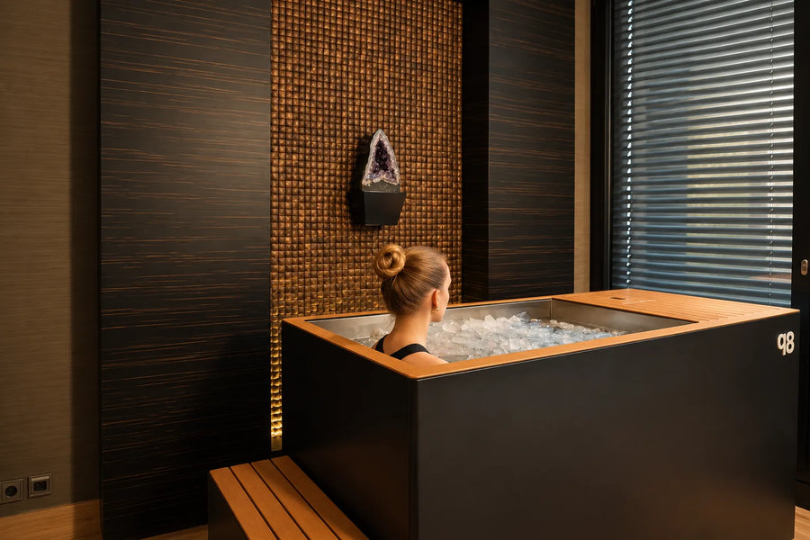 Frau sitzt im qoob8 Genesis Eisbad mit Eisschollen im Rive Spa des Hyatt Regency Düsseldorf